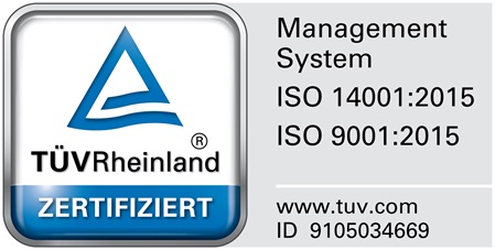 TÜV Rheinland Zertifizierung für ISO 14001:2015 und ISO 9001:2015